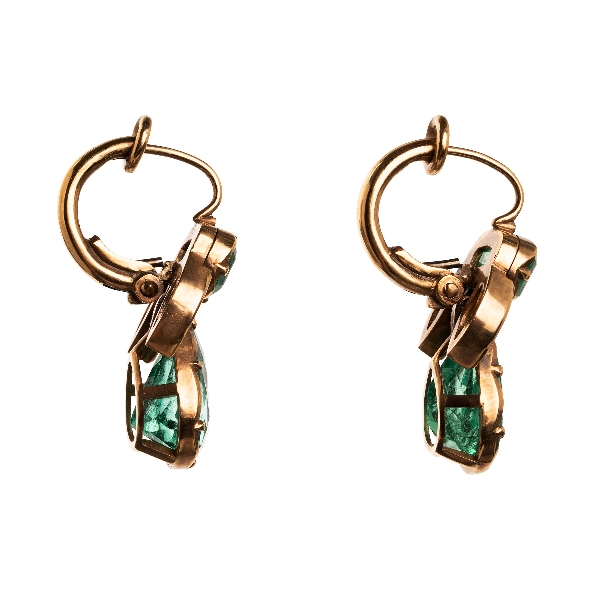 Bell & Bird emerald and diamond earrings in 18k old gold. The earrings feature two GIA certified pear-shaped emeralds, 1.79 carats and 1.99 carats, of Colombian origin, untreated with heat. Paired with four marquise diamonds.