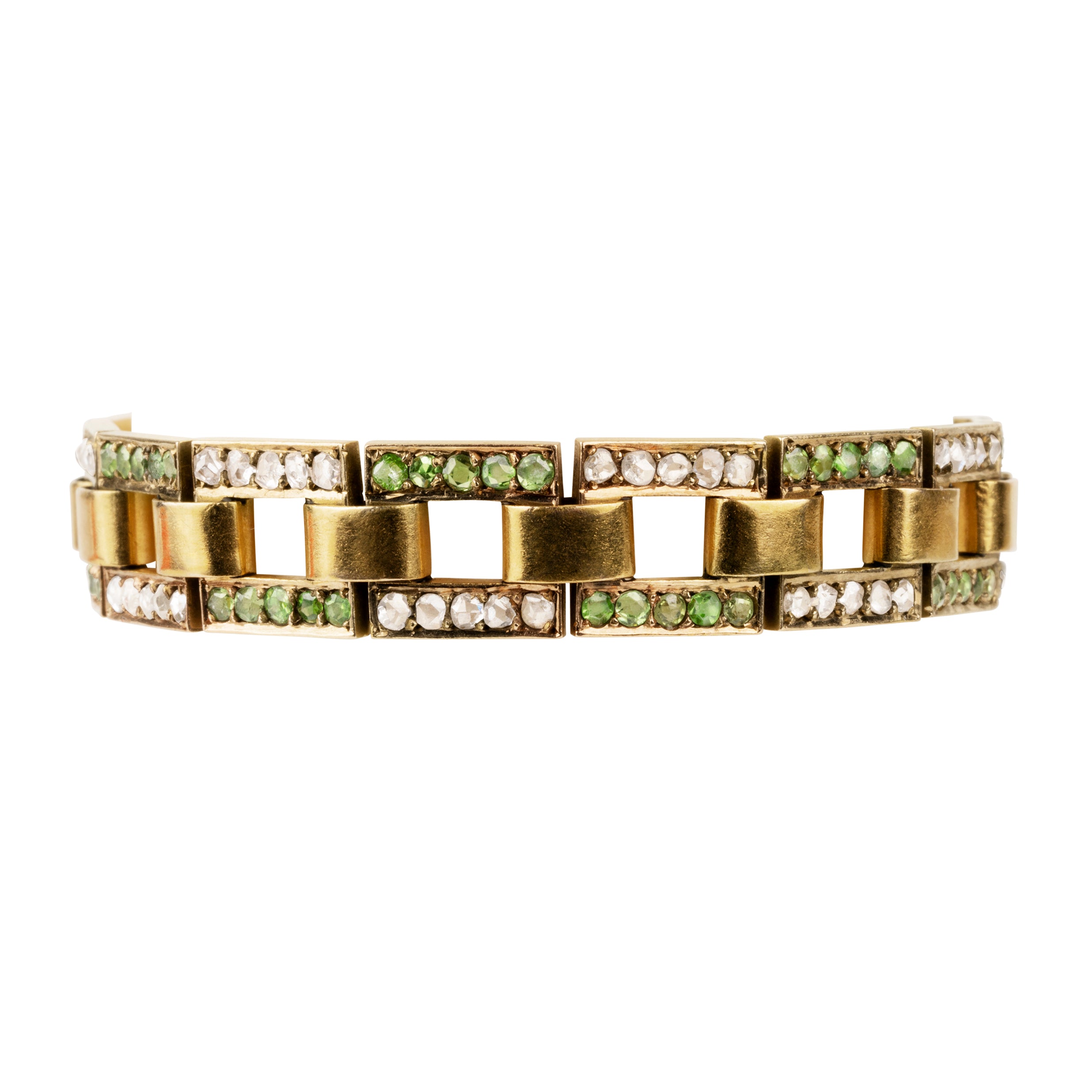 Turn-of-the-century demantoid garnets and rose-cut diamonds in 18k gold. Europe. Circa 1890. Front view. 