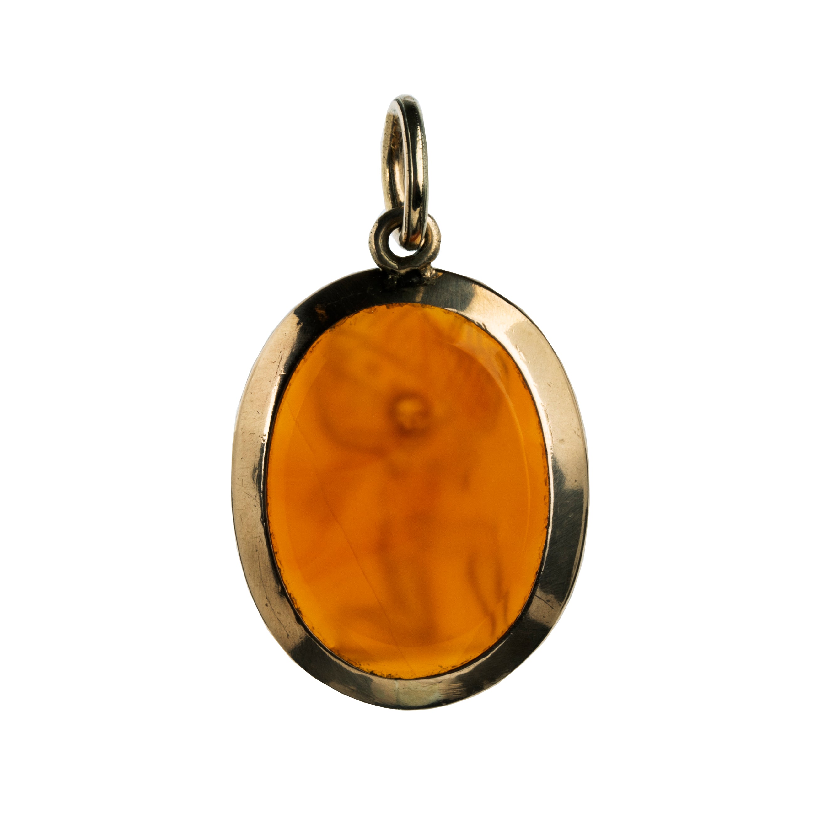 Victorian era carnelian intaglio pendant, in 15k gold.The carving depicts Atlas holding the sky, representing endurance, strength, or commitment. English in Origin. Circa 1830. The backside of the pendant. 