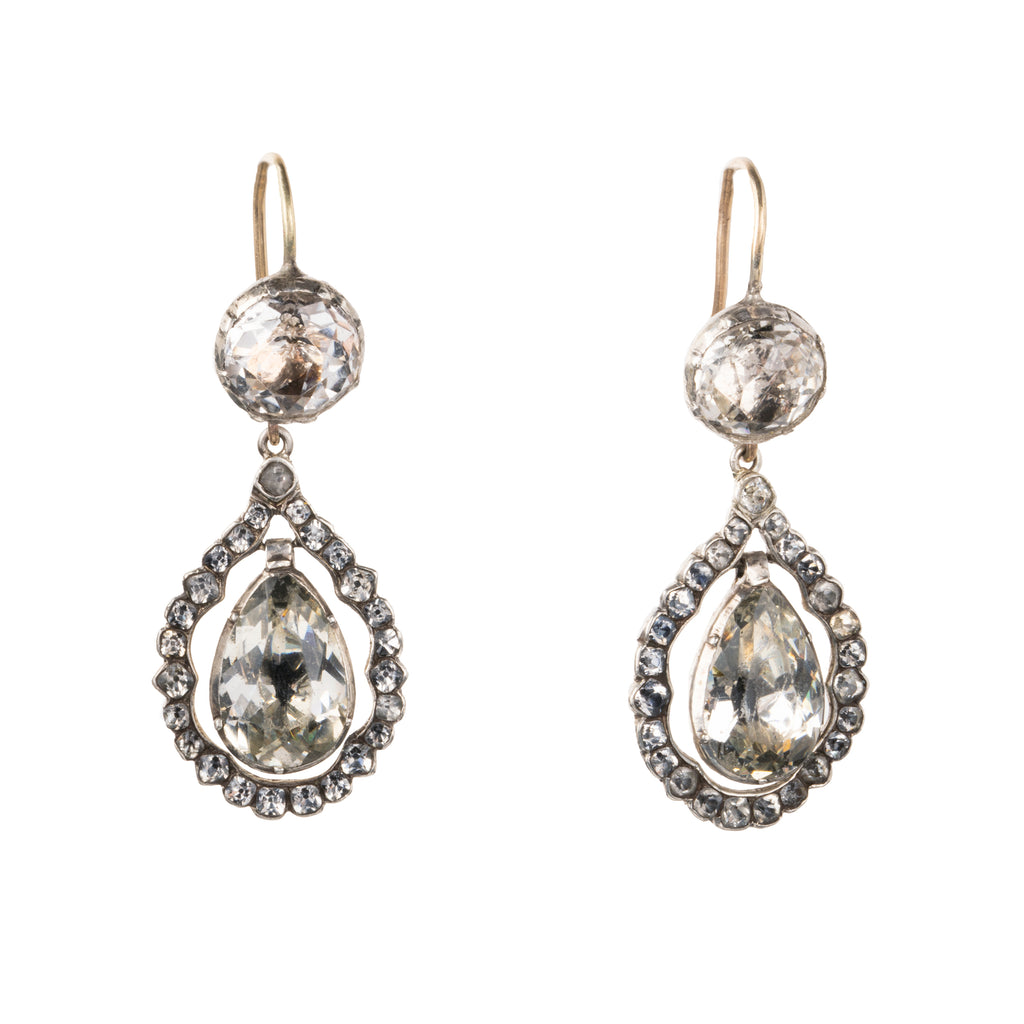 Georgian era paste teardrop earrings, set in silver and gold. English in origin. Circa 1830. Front view. 
