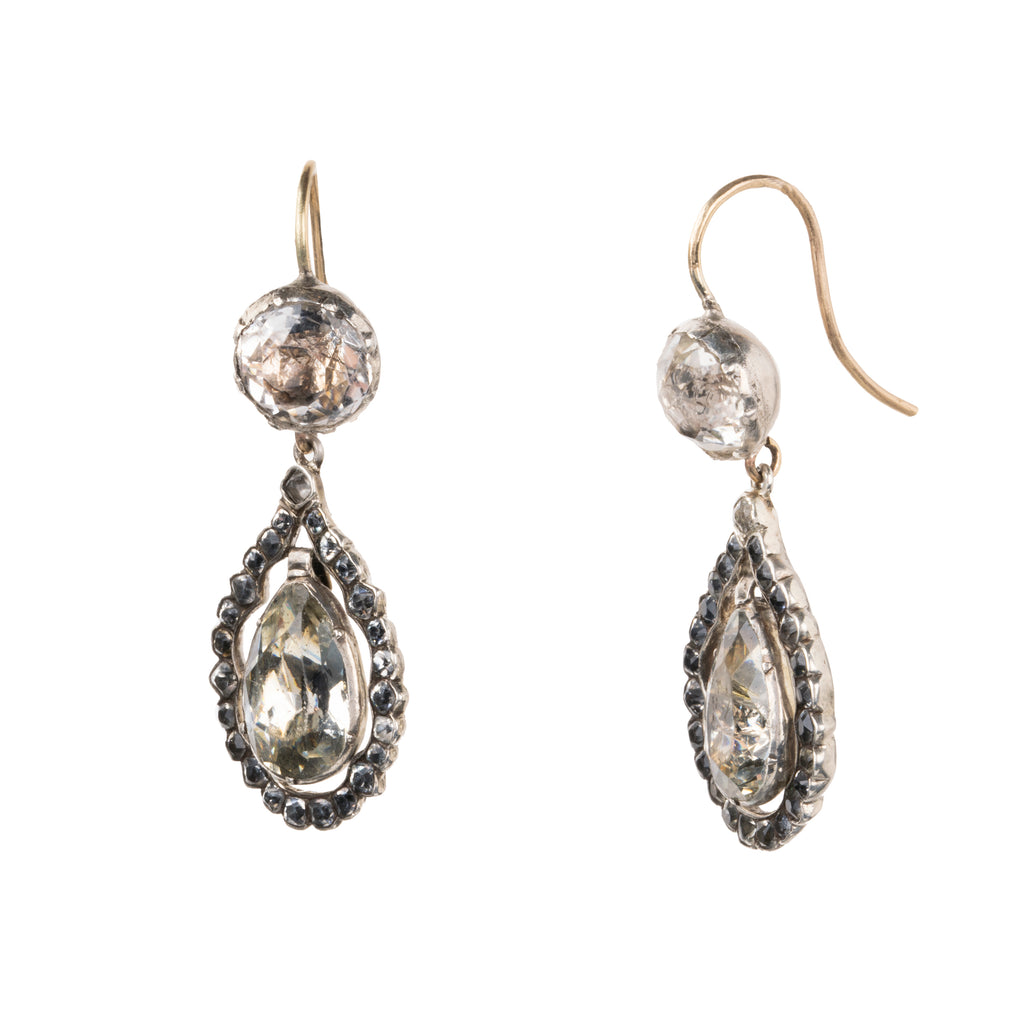 Georgian era paste teardrop earrings, set in silver and gold. English in origin. Circa 1830. Side view. 