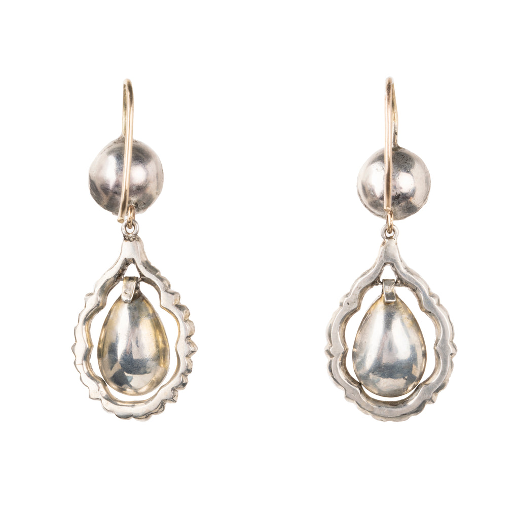 Georgian era paste teardrop earrings, set in silver and gold. English in origin. Circa 1830. Back view. 