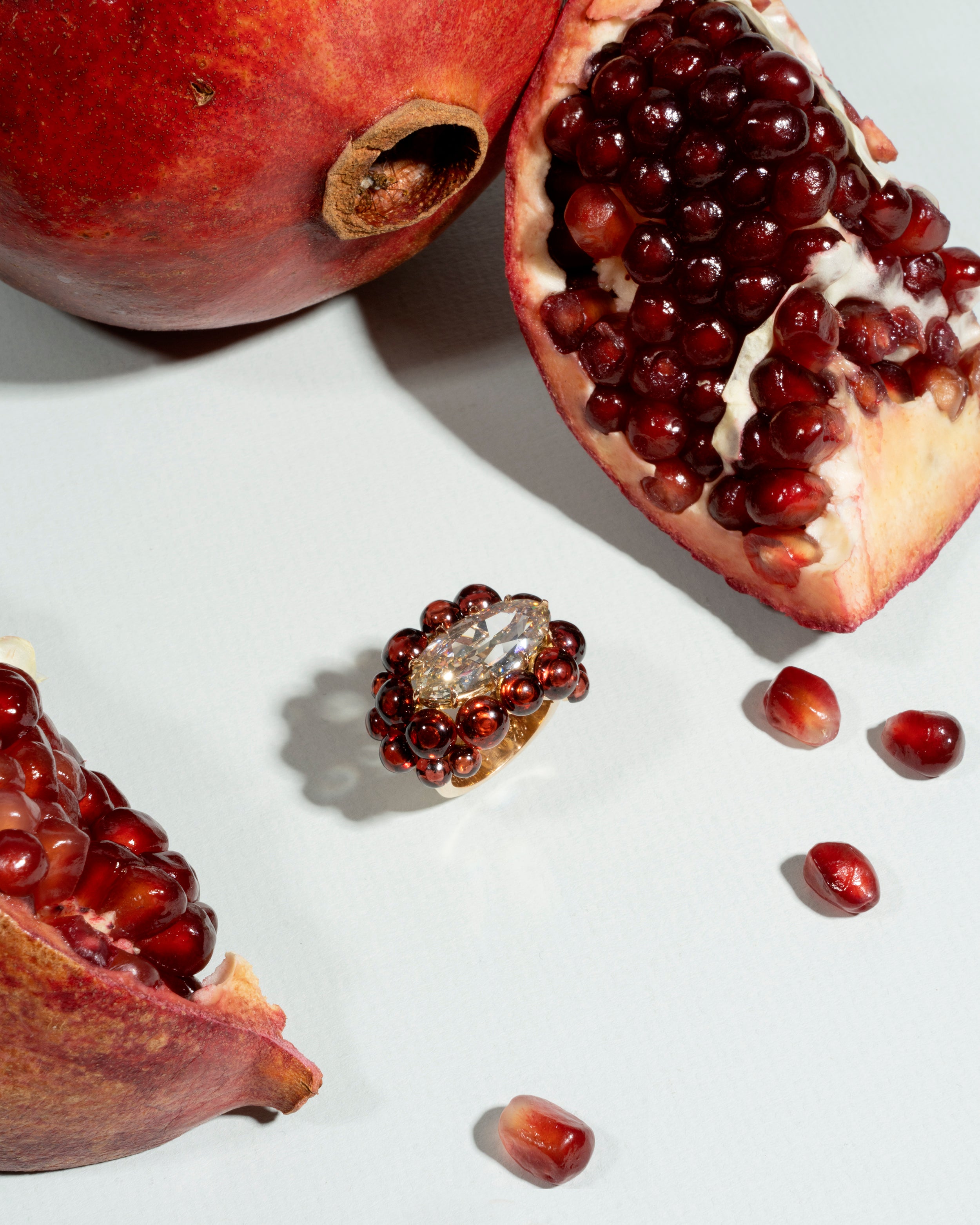Bell & Bird Diamond and Garnet Pomegranate  Ring