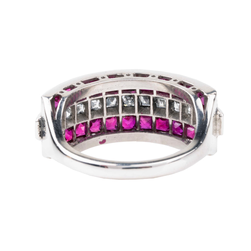 Art Deco style vintage ruby and diamond ring, in platinum setting. Approximately 3.26 carats of bright red French cut rubies and 1.26 carats of French cut diamonds. backside view. 