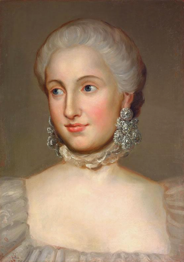 A painting of a women wearing antique Girandole Earrings