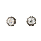 Our design for these earrings is inspired by Georgian and Victorian Era cutaway settings. Entirely hand fabricated they feature silver topped gold cutaway collet settings. This is a labor-intensive setting technique common in 18th and 19th century. These demure earrings feature two old mine cut diamonds, approximately 1.06 carats in total diamond weight , H-I color and SI1 / SI2 clarity. Hand engrave Bell &amp; Bird markers mark. Front view. 