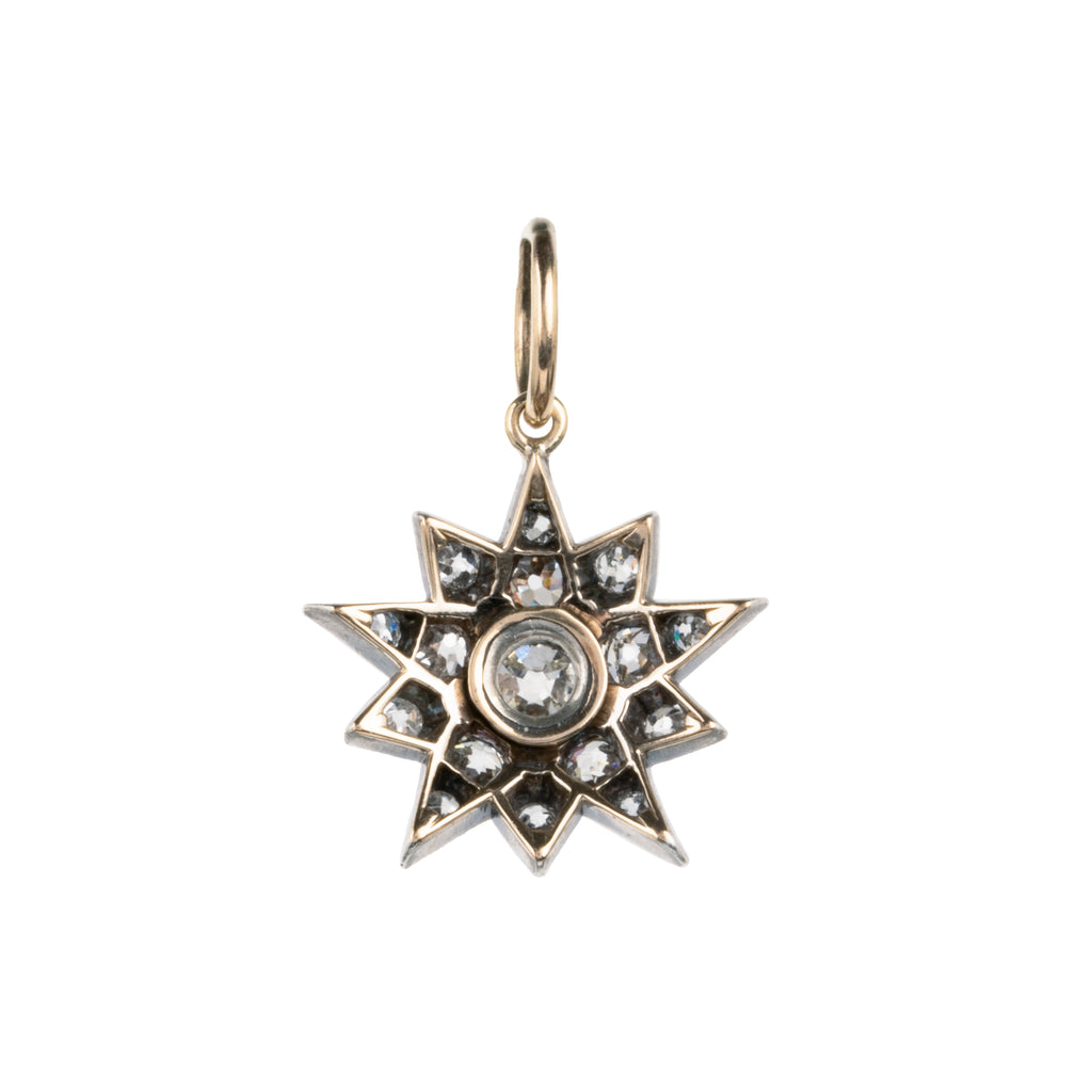 A lovely example of a 19th-century star pendant in silver-topped gold. It is a smaller scale than typically seen and very wearable. Sixteen bright old mine cut diamonds, with an estimated total diamond weight of two carats, English in origin. Circa 1880. Back side view. 