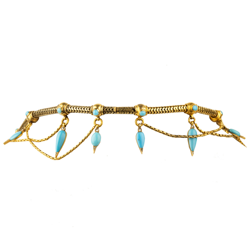 This is a rare example of an elaborate 19th-century collar necklace. Natural Persian turquoise stones are cut in the shapes of amphoras, with rose-cut diamonds set at the sharp tip of every setting. The necklace is made of 18k gold and was made in England, circa 1860. Back view. 