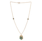 Early Victorian era turquoise padlock locket in 15k gold. It is in the form of a shell with Persian turquoise and a glazed compartment.&nbsp; English in origin. Circa 1840. Hanging on an antique 15k gold turquoise beaded ball chain.