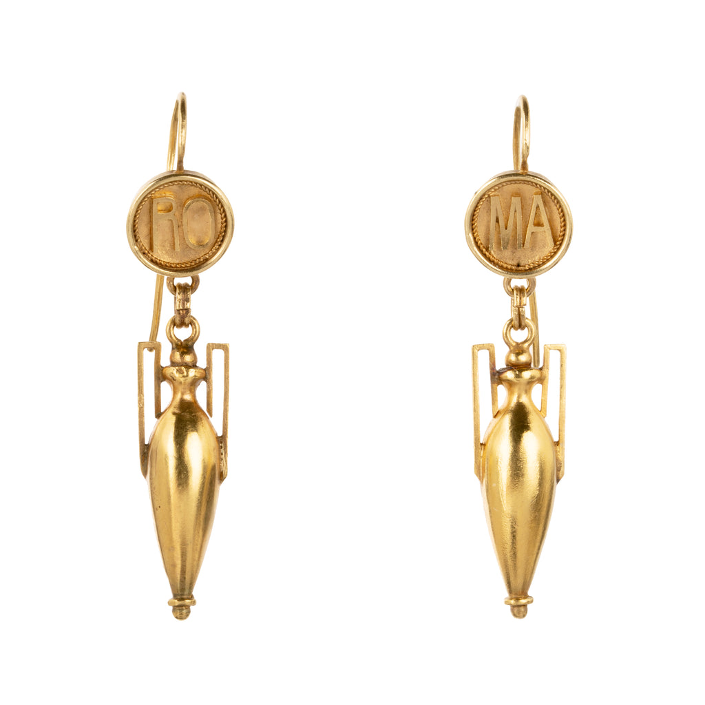 19th century Grand Tour earrings. Classical Roman motifs with RO-MA depicted on the earring tops. Bright 15k gold.Found in London. Italian in origin. Circa 1870. Front view. 