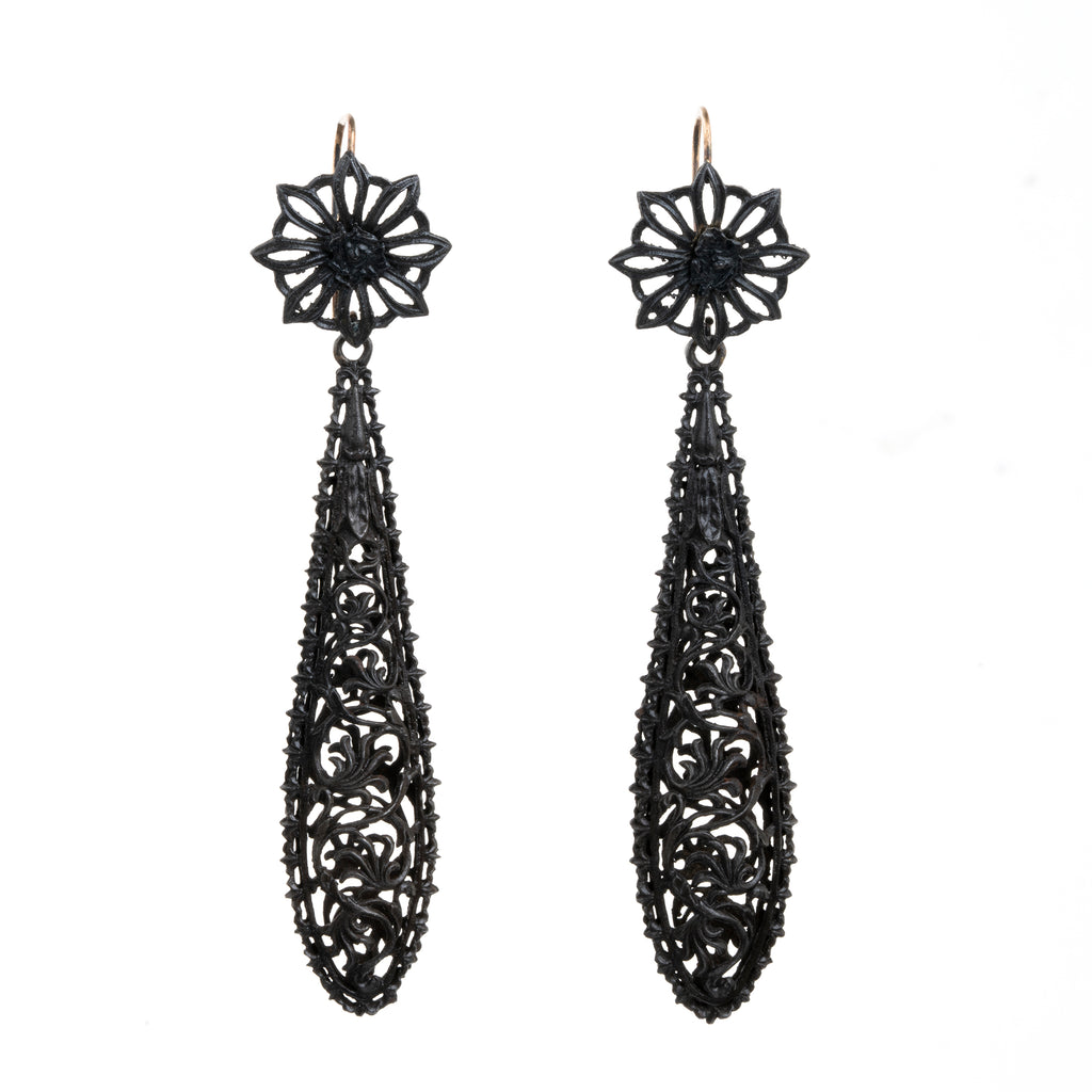 Berlin iron torpedo earrings. Gothic pattern in elongated oversized pendeloque shapes. German in origin. Circa 1820. Front view. 