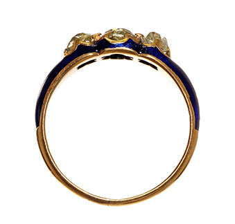 Old Mine Cut Three Diamond and Blue Enamel Ring
