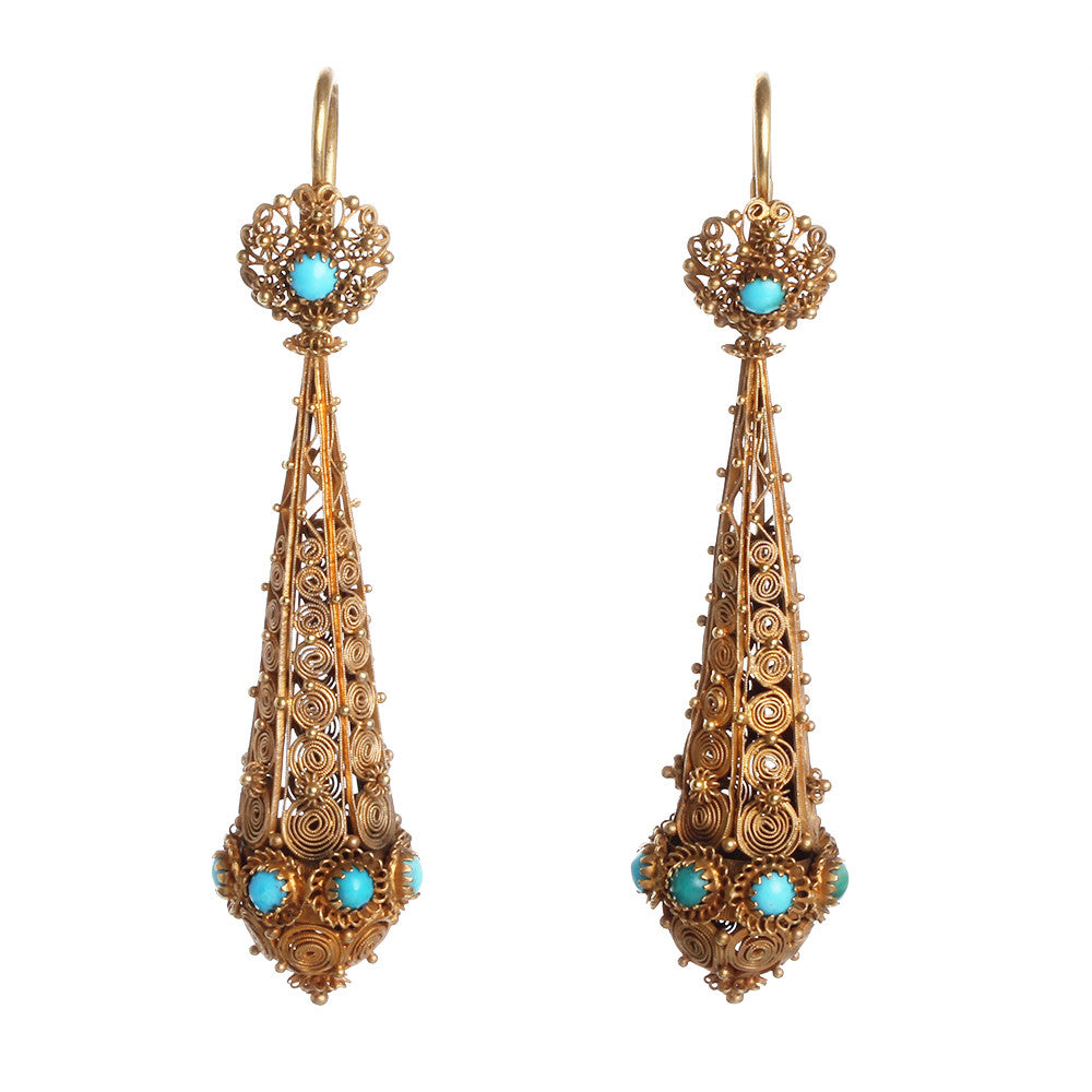 Georgian Cannetille Gold Turquoise Torpedo Earrings