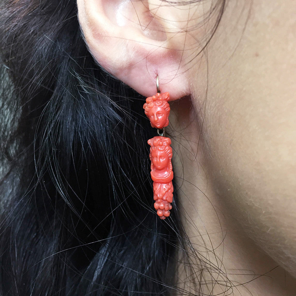 Early Victorian Carved Coral Earrings