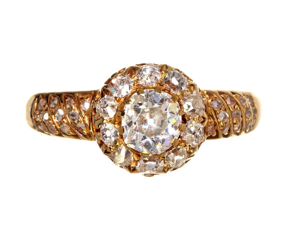 Victorian Old Mine Cut Diamond Cluster Ring with Rose Cut Diamond Band