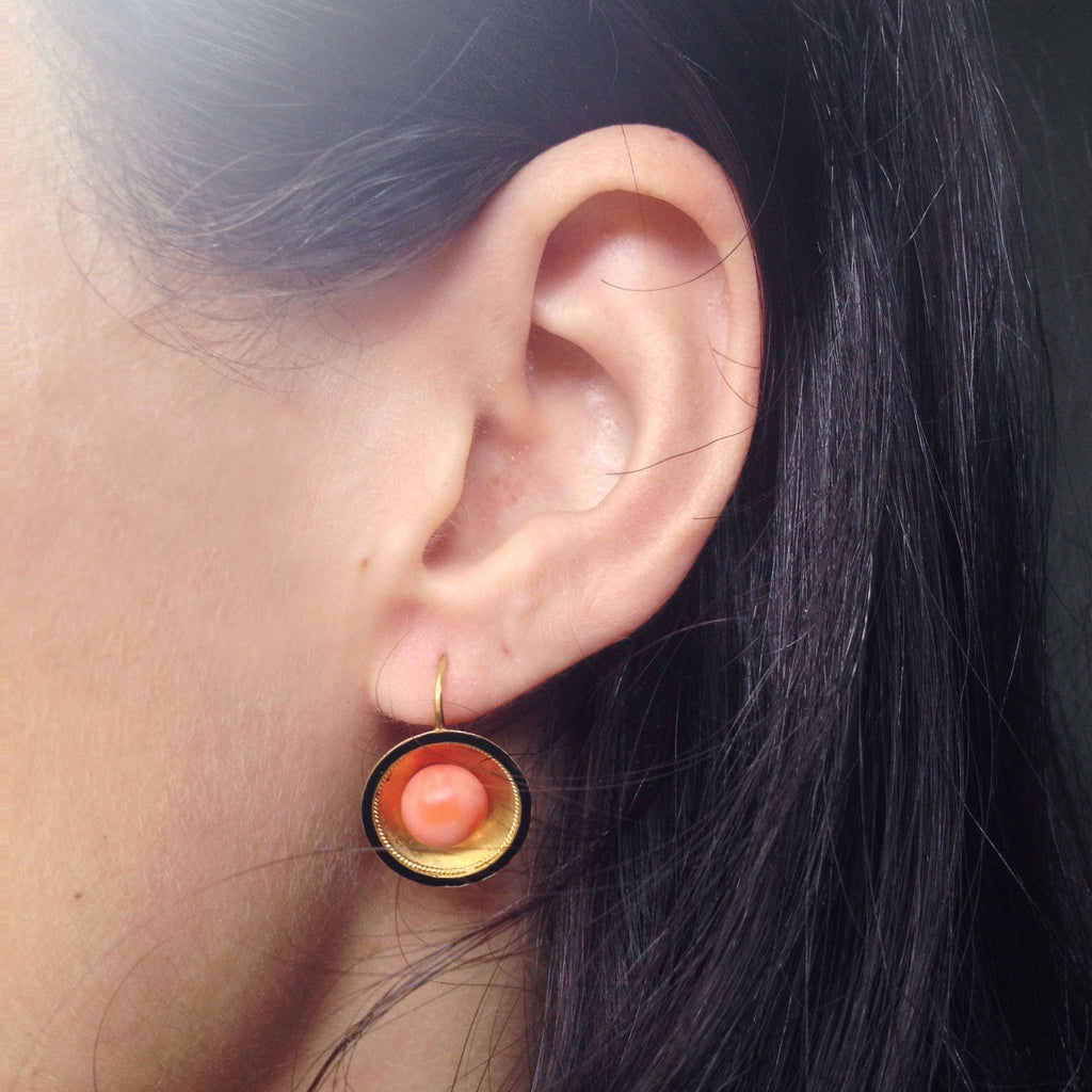 Victorian Black Enamel & Coral Earrings
