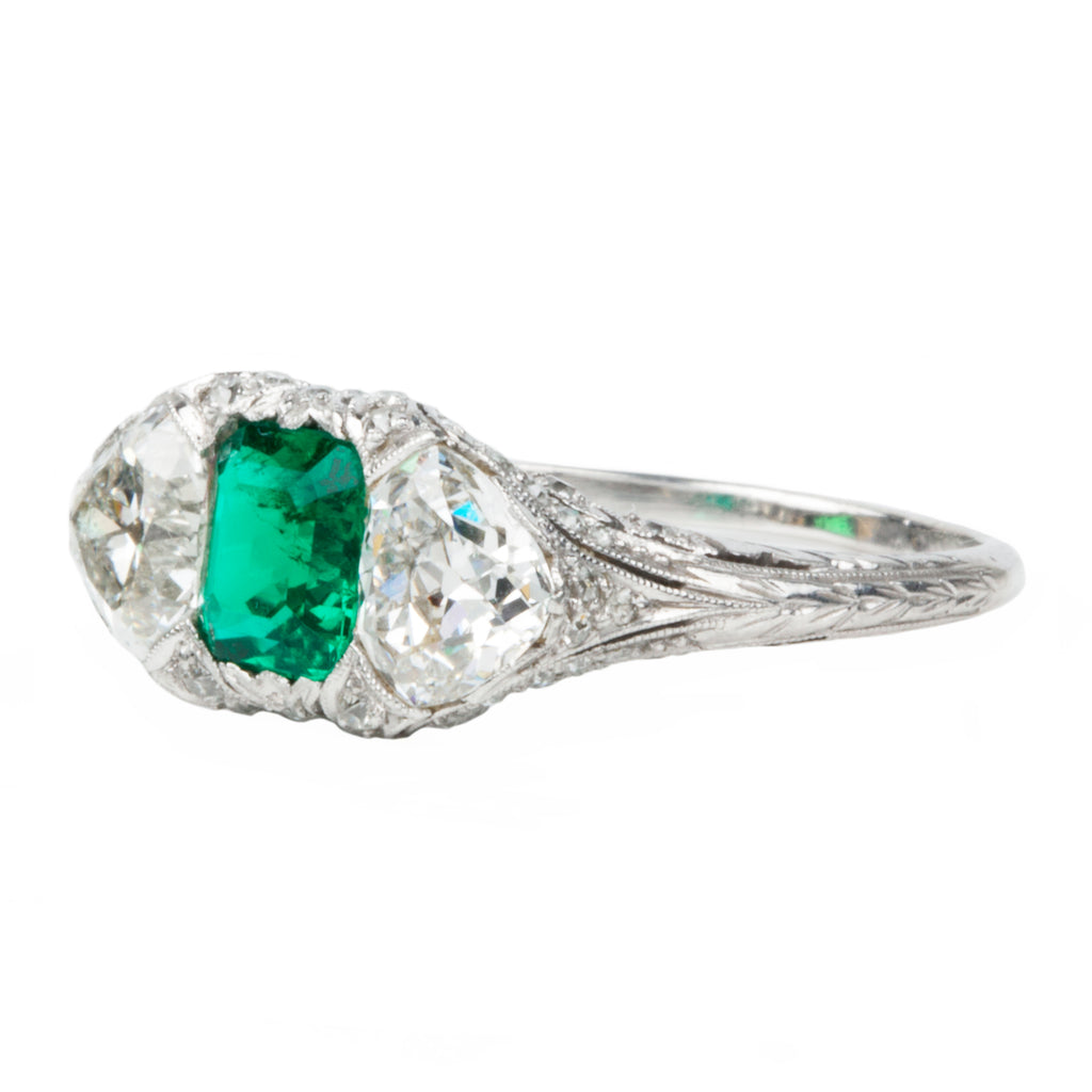 Edwardian Era Emerald and Diamond Ring in Platinum