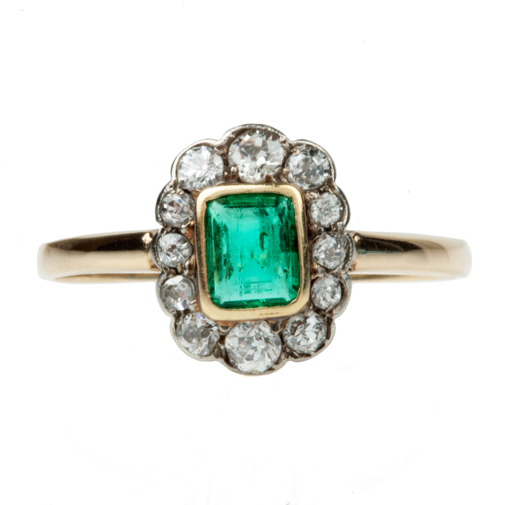 19th Century Emerald and Diamond Cluster Ring