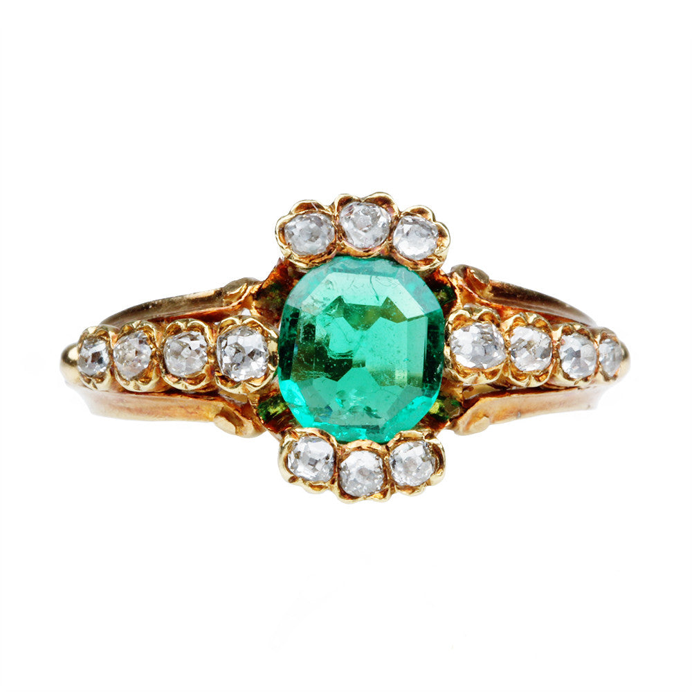 19th Century Emerald and Old Mine Cut Diamond Ring