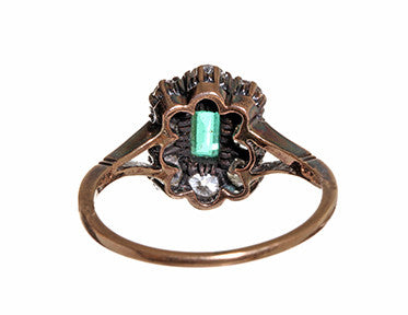 Victorian Emerald and Old Mine Cut Diamond Cluster Ring