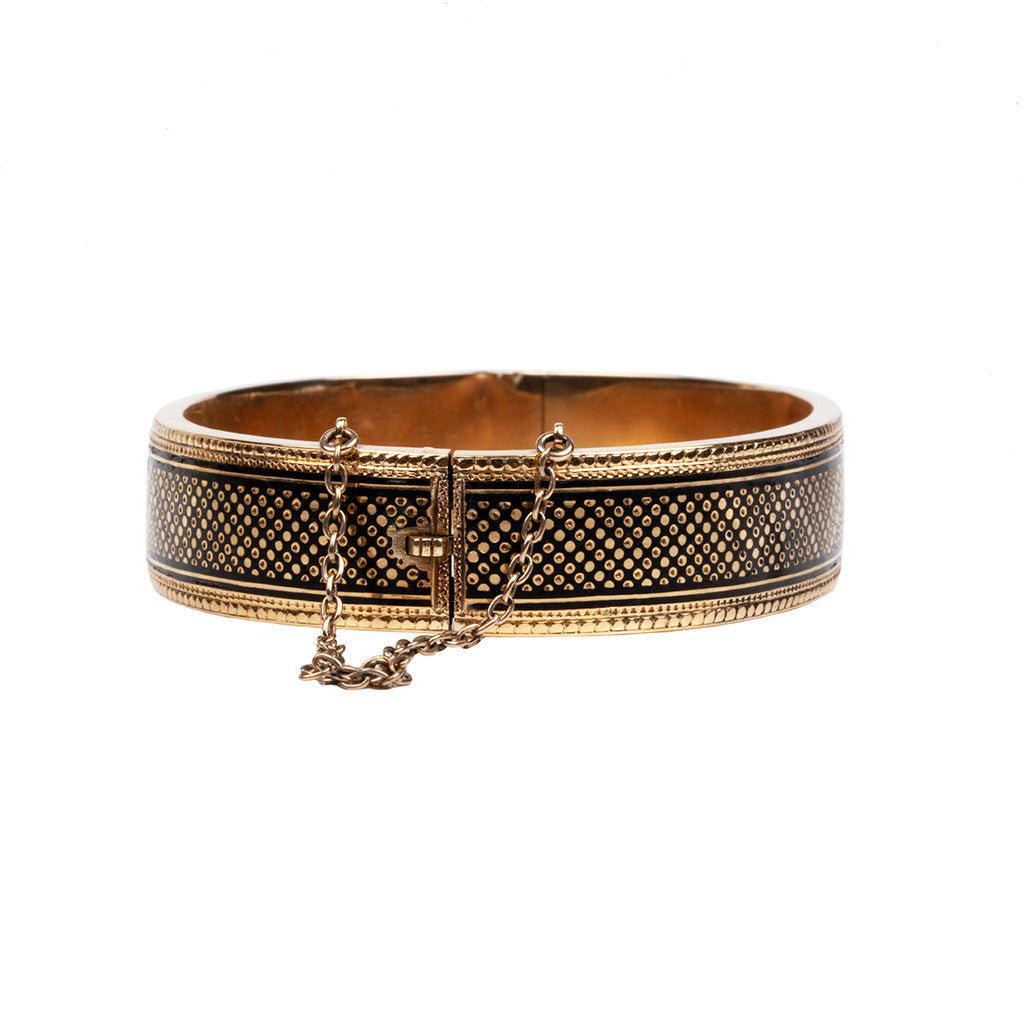 Victorian Era Late 19th Century Gold Bangle with Dotted Black Enamel Detail