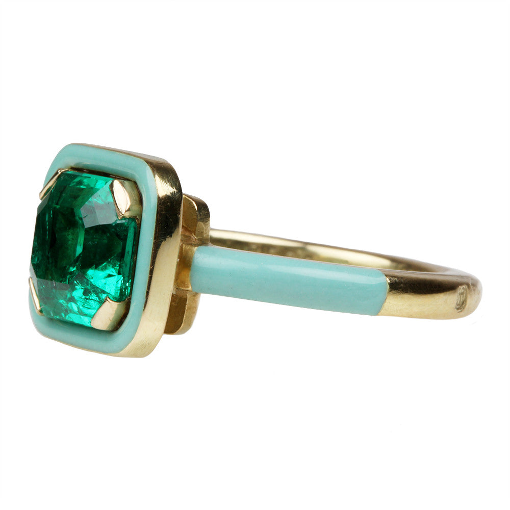 Bell & Bird Colombian Emerald and Mint Enamel Ring
