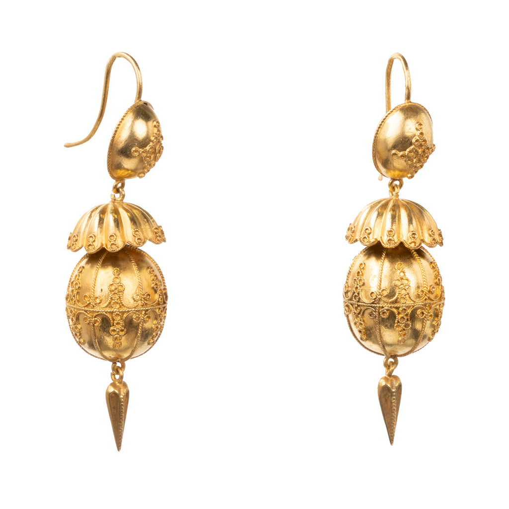 Fine Victorian Era Etruscan Revival Gold Drop Earrings