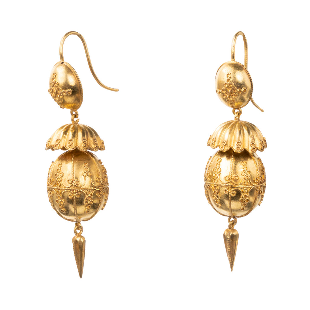 Fine Victorian Era Etruscan Revival Gold Drop Earrings