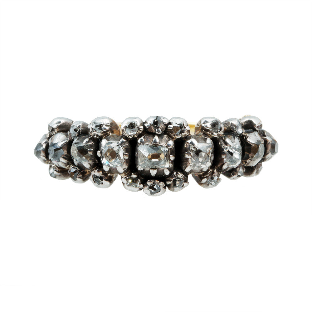 Georgian Old Mine Cut Diamond Half Hoop Band in Silver on Gold, Circa 1830. 9 stones with smaller old mine cuts surrounding the larger stones. Circa 1830, English in Origin. Front view. 