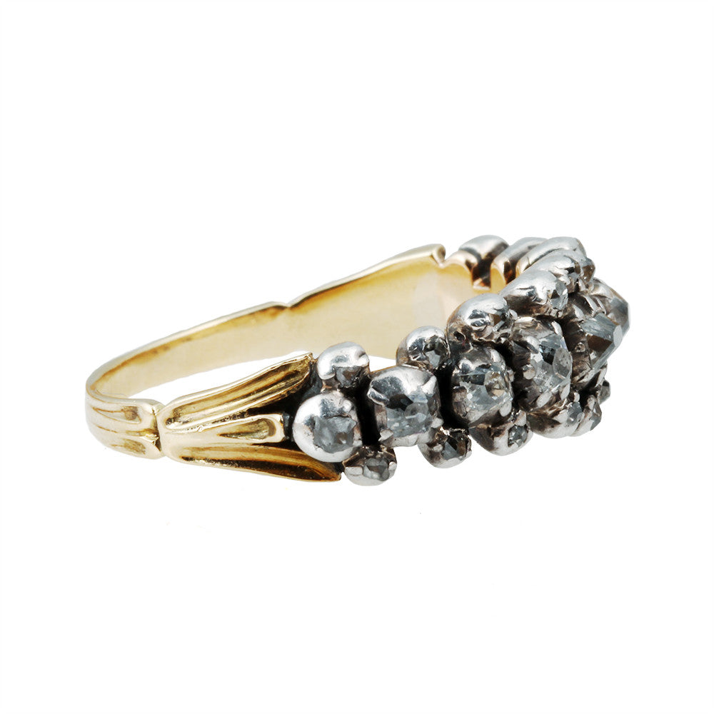 Georgian Old Mine Cut Diamond Half Hoop Band in Silver on Gold, Circa 1830. 9 stones with smaller old mine cuts surrounding the larger stones. Circa 1830, English in Origin. Front view. 