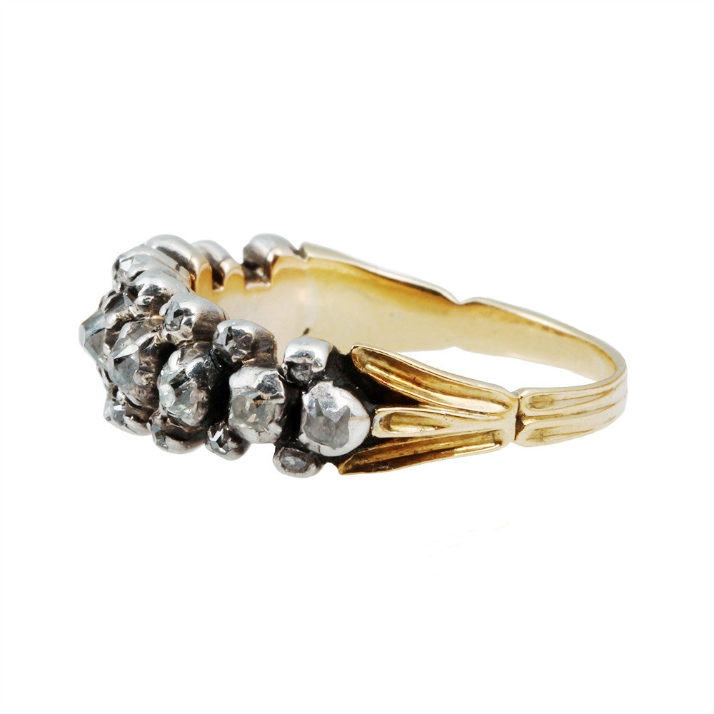 Georgian Old Mine Cut Diamond Half Hoop Band in Silver on Gold, Circa 1830. 9 stones with smaller old mine cuts surrounding the larger stones. Circa 1830, English in Origin. Side view. 