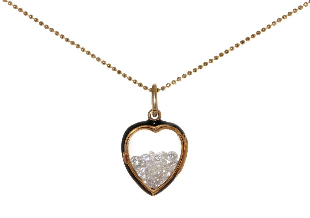 Victorian Era Black Enamel Heart Locket with Loose Diamonds Necklace