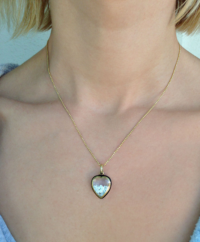 Victorian Era Black Enamel Heart Locket with Loose Diamonds Necklace