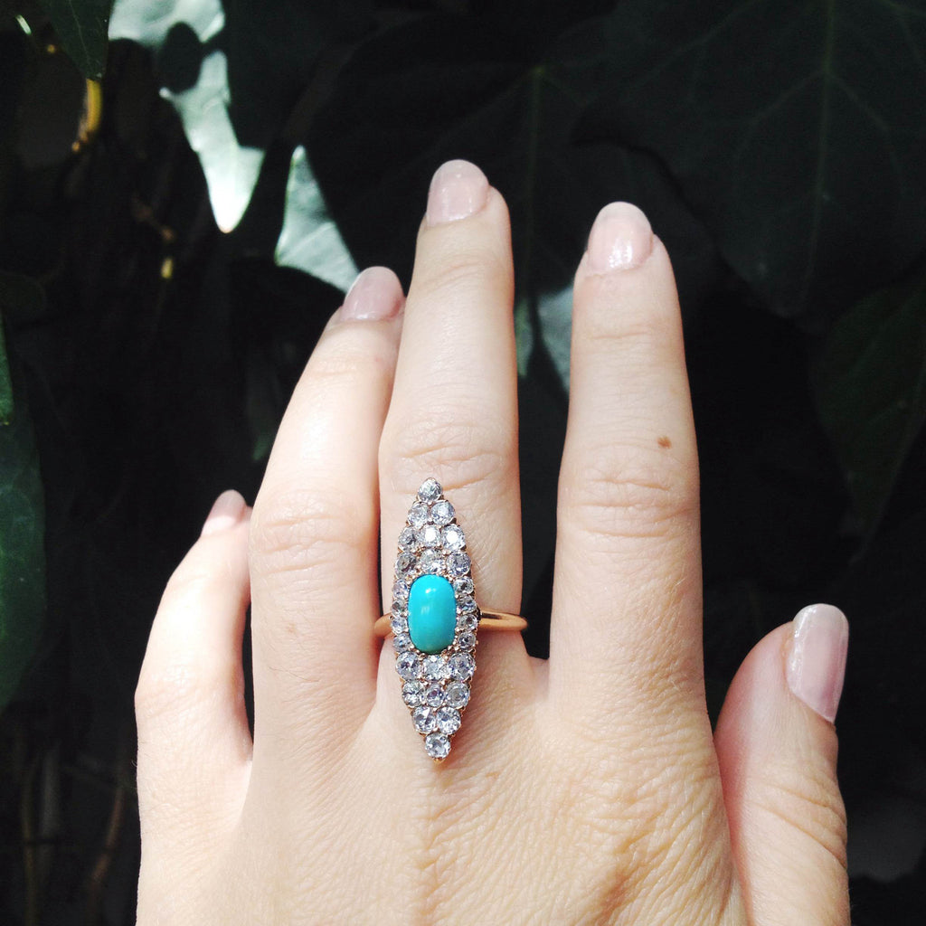 Victorian Old Mine Cut Diamond & Turquoise Navette Ring