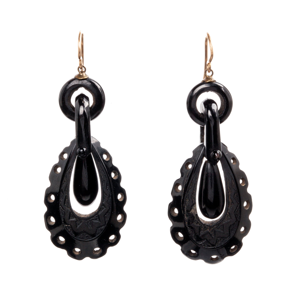 Victorian Era Carved Whitby Jet Earrings