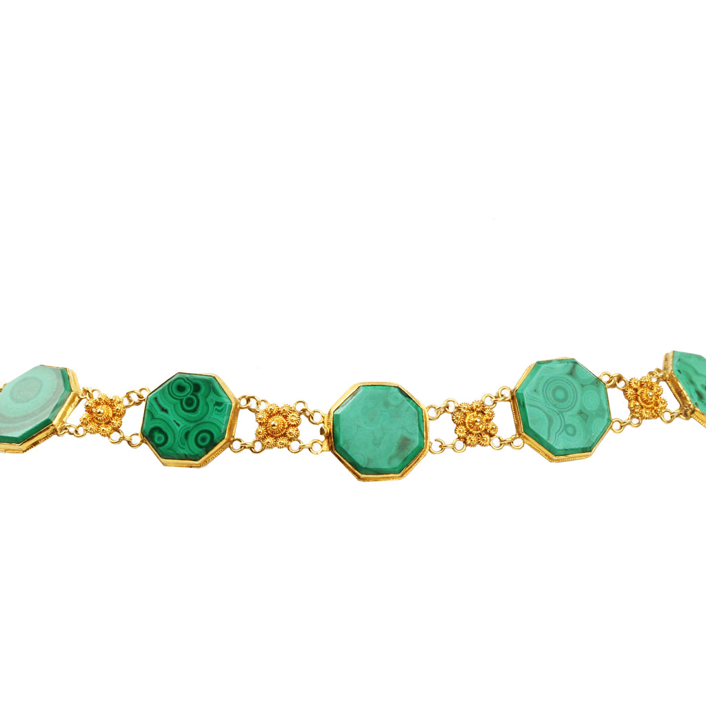 Georgian Era Gold Cannetille Malachite Convertible Necklace and Bracelet Set