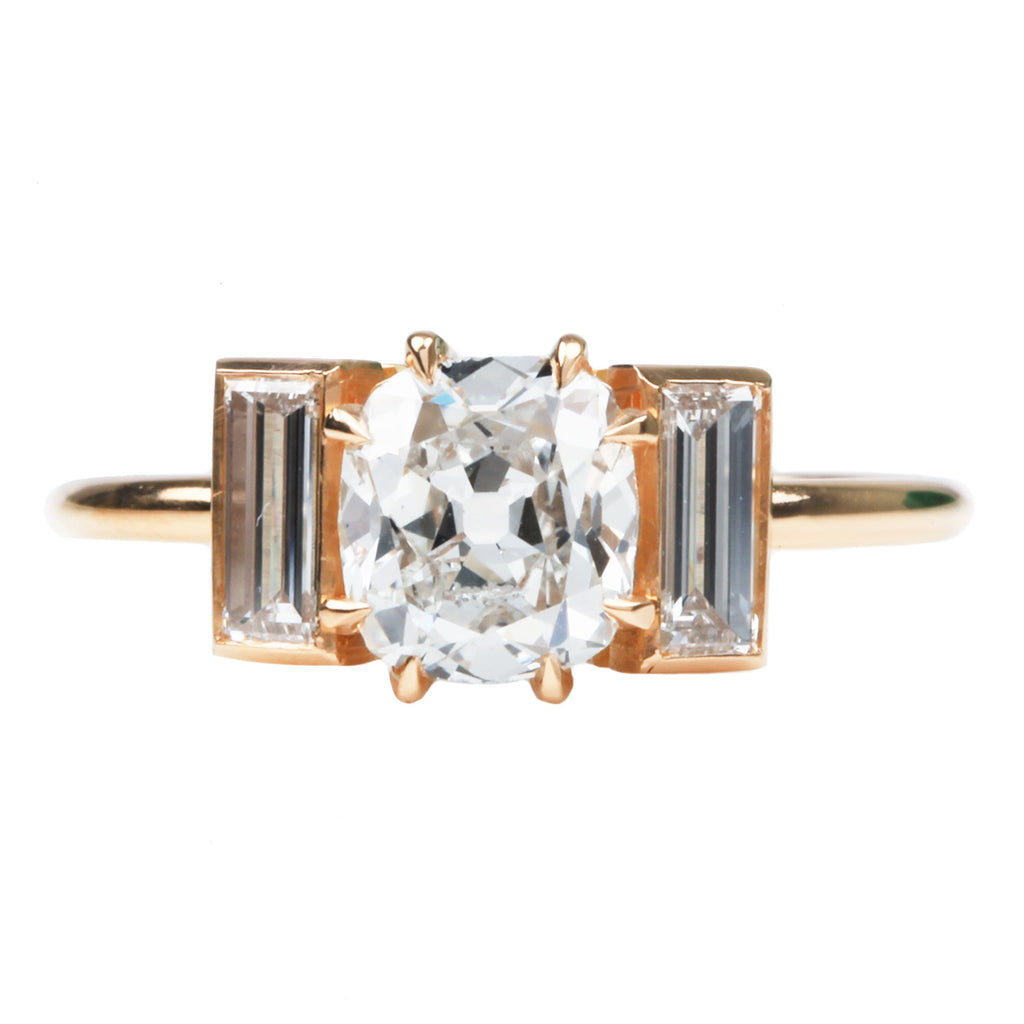Three Stone Vertical Baguette and Old Mine Cut Diamond Ring