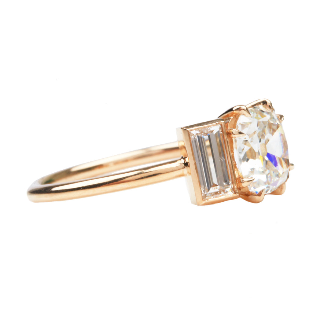 Three Stone Vertical Baguette and Old Mine Cut Diamond Ring