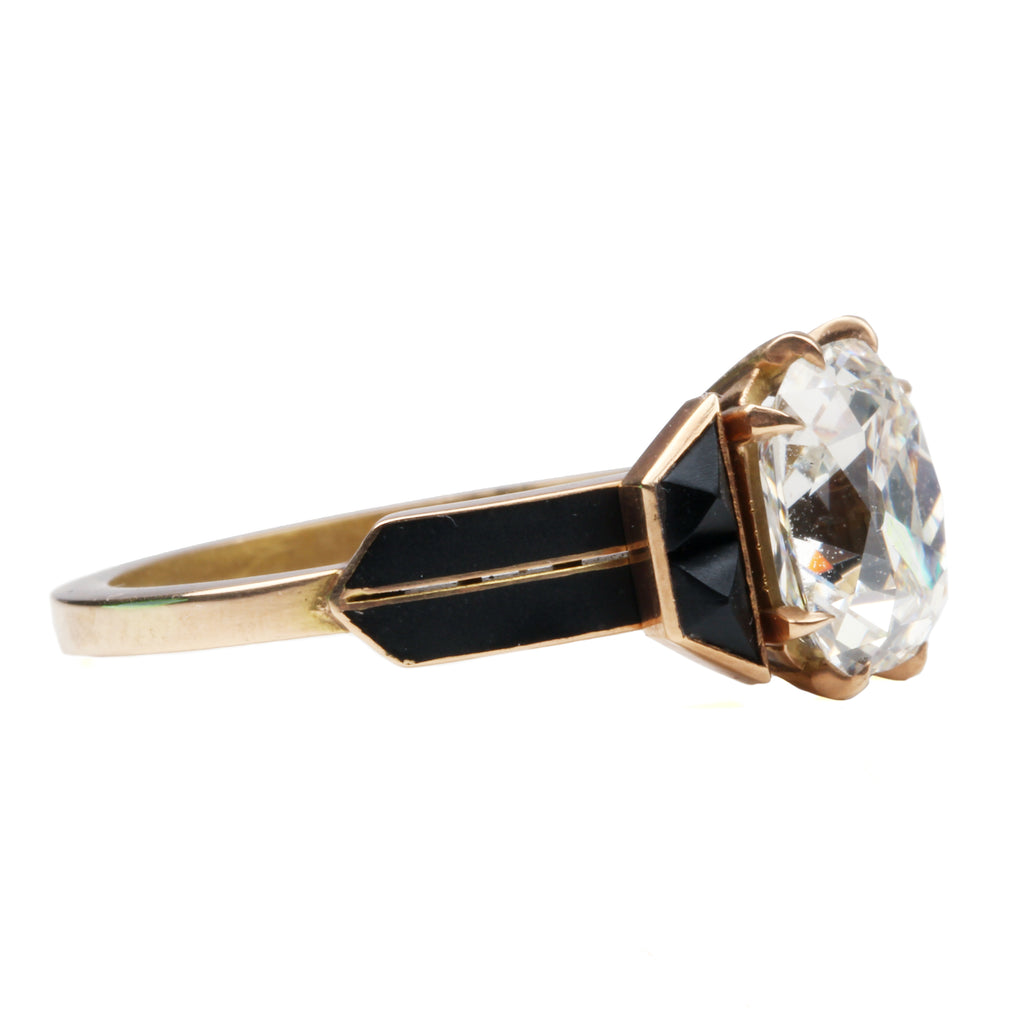 Tapered Enamel and Onyx Old Mine Cut Diamond Ring