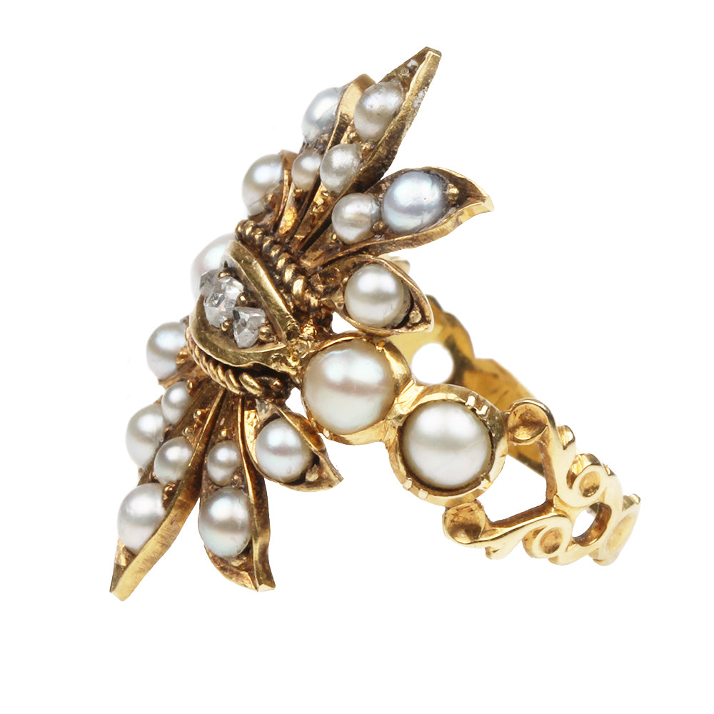 Victorian Rose Cut Diamond and Pearl Ring