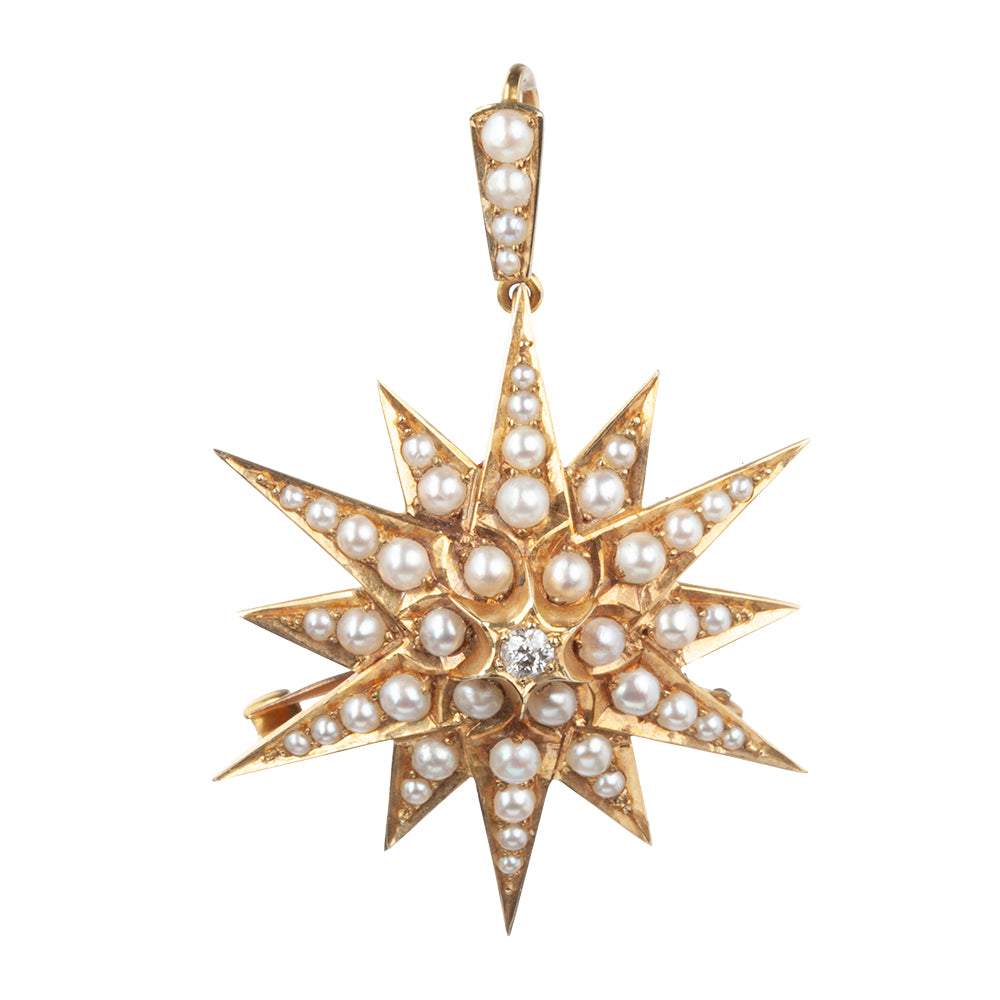 Victorian Era Pearl and Diamond Star Burst Pendant