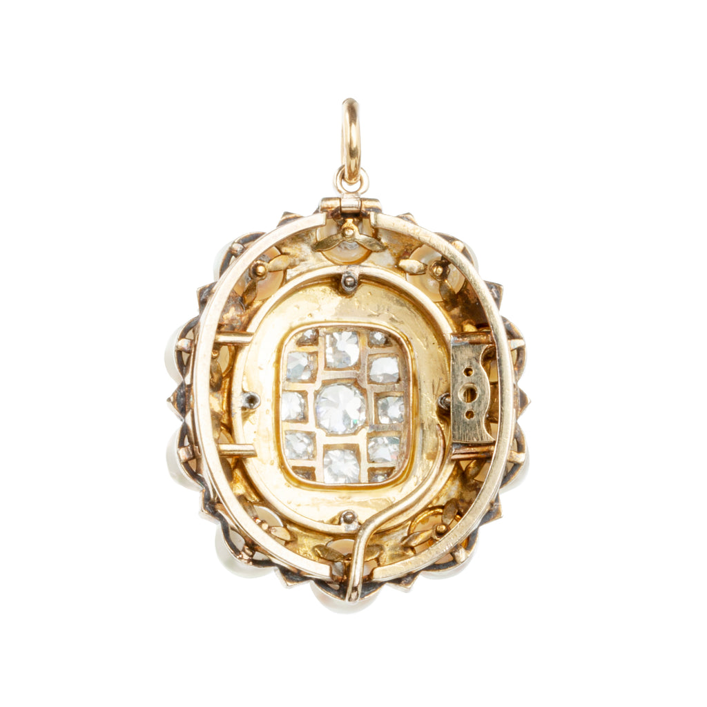 Victorian era diamond and pearl cluster pendant