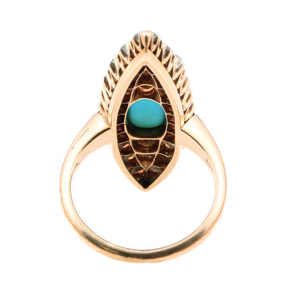 Victorian Old Mine Cut Diamond & Turquoise Navette Ring