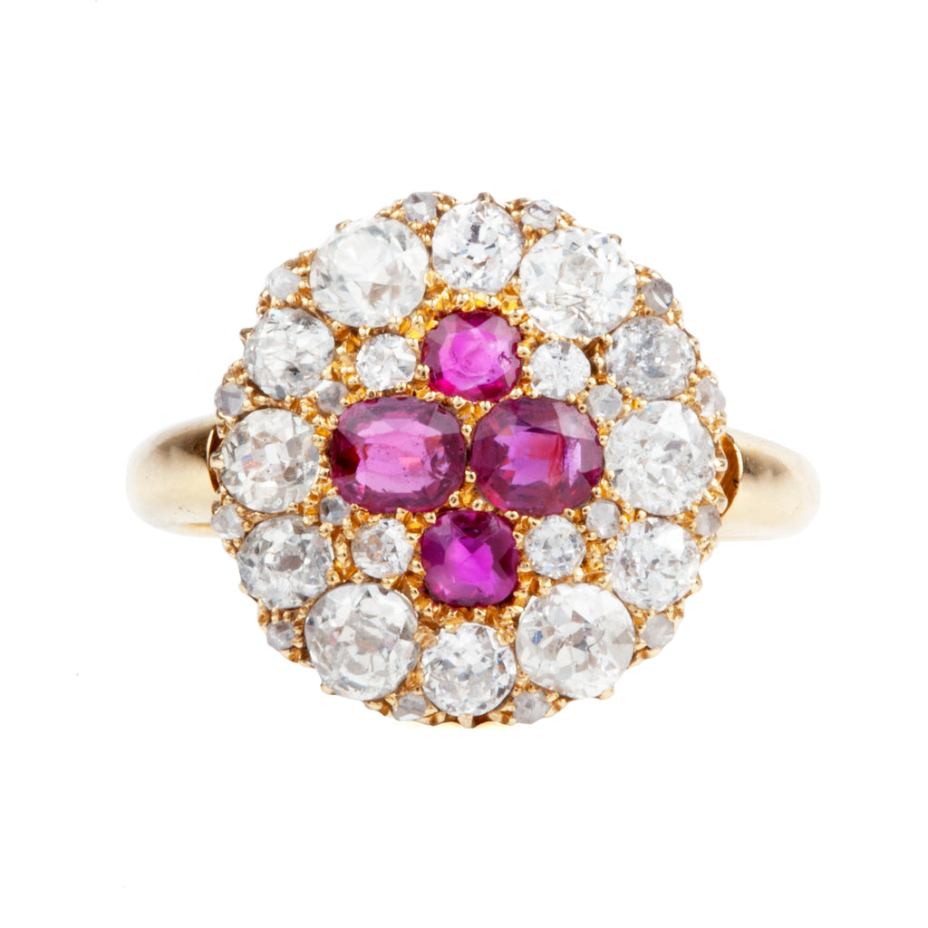 Victorian era Ruby and old mine cut Diamond Cluster Ring