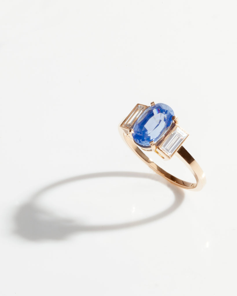 THREE STONE SAPPHIRE RING WITH VERTICAL BAGUETTES