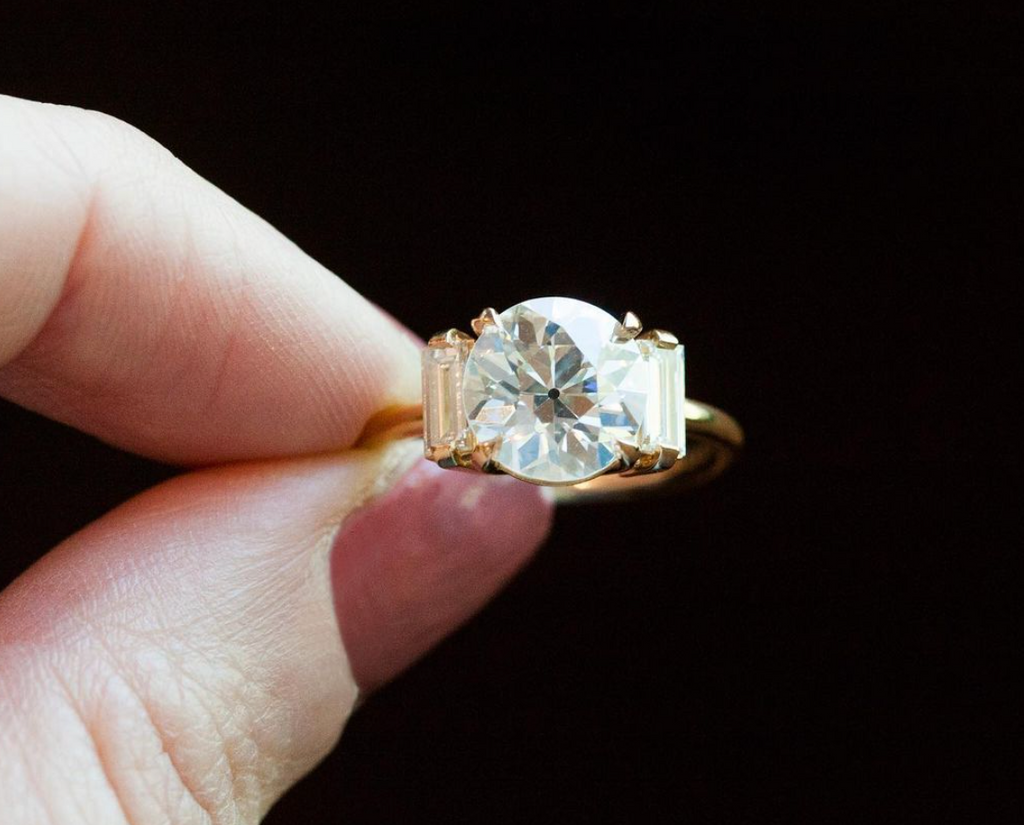 Three Stone Old European Cut Diamond Ring with Vertical Baguettes