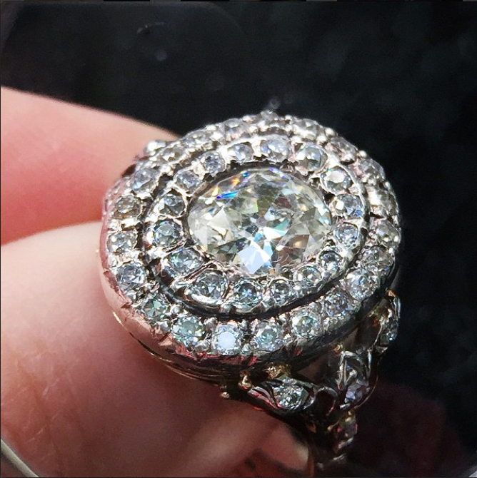 Edwardian Double Halo Old Mine Cut Diamond Ring