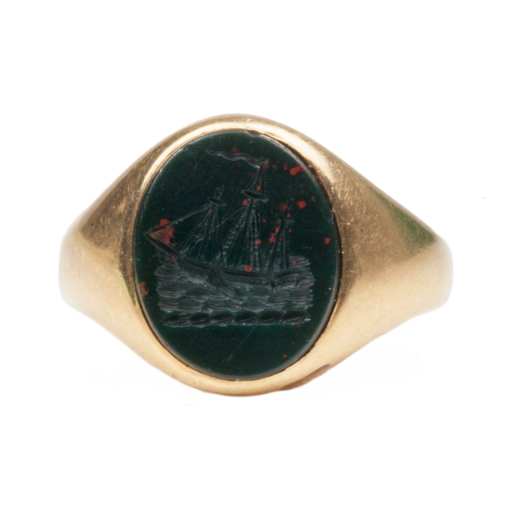 Victorian Bloodstone Ship Intaglio Ring