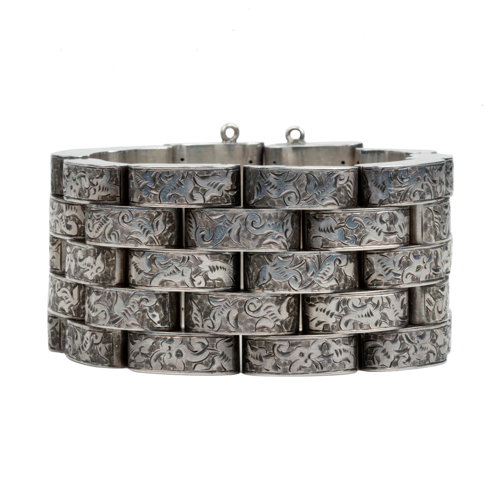 Victorian Era Wide Sterling Silver Woven Link Bracelet