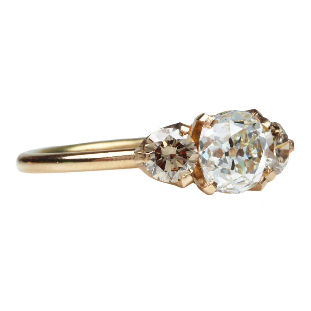 Three Stone Ring with Old Mine Cut and Champagne Diamonds